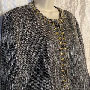 Chico’s tweed long jacket, SZ 3, XL hook closures,rhinestone embellishment, GUC